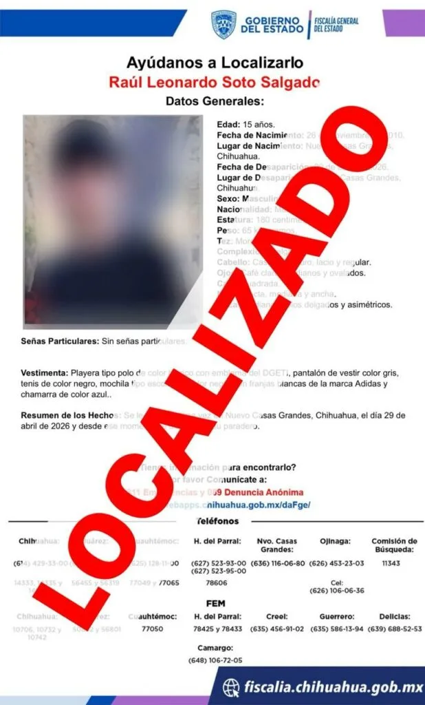Localizan a adolescente desaparecido en Nuevo Casas Grandes - imagen 1
