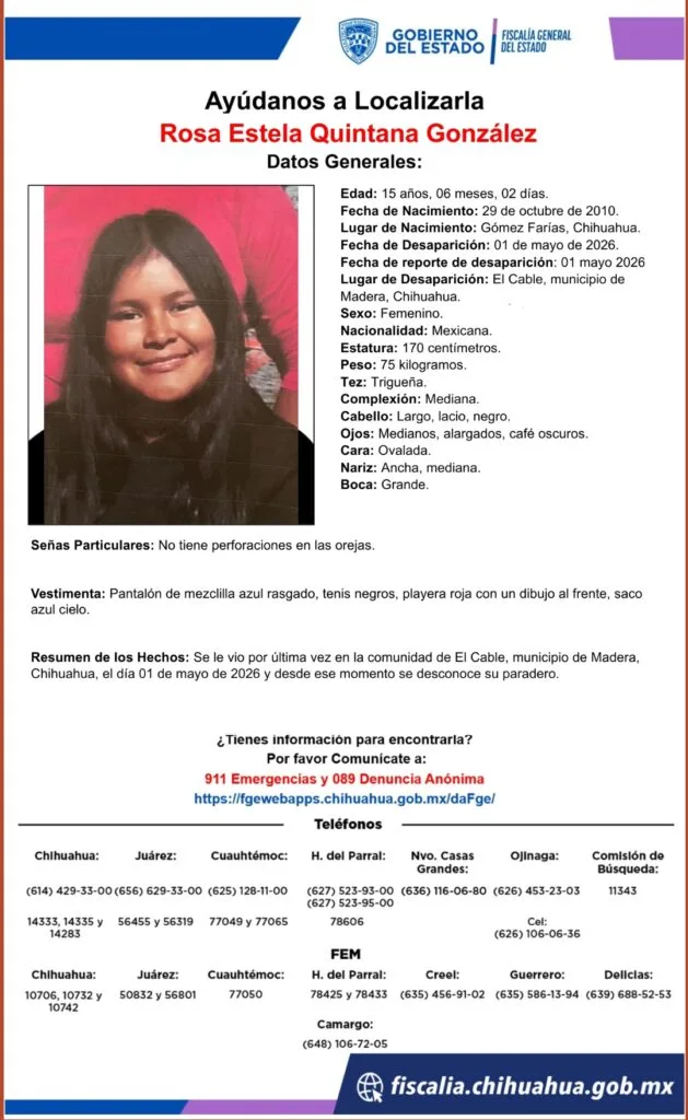 Buscan a Rosa Estela Quintana González desaparecida en Madera - imagen 1