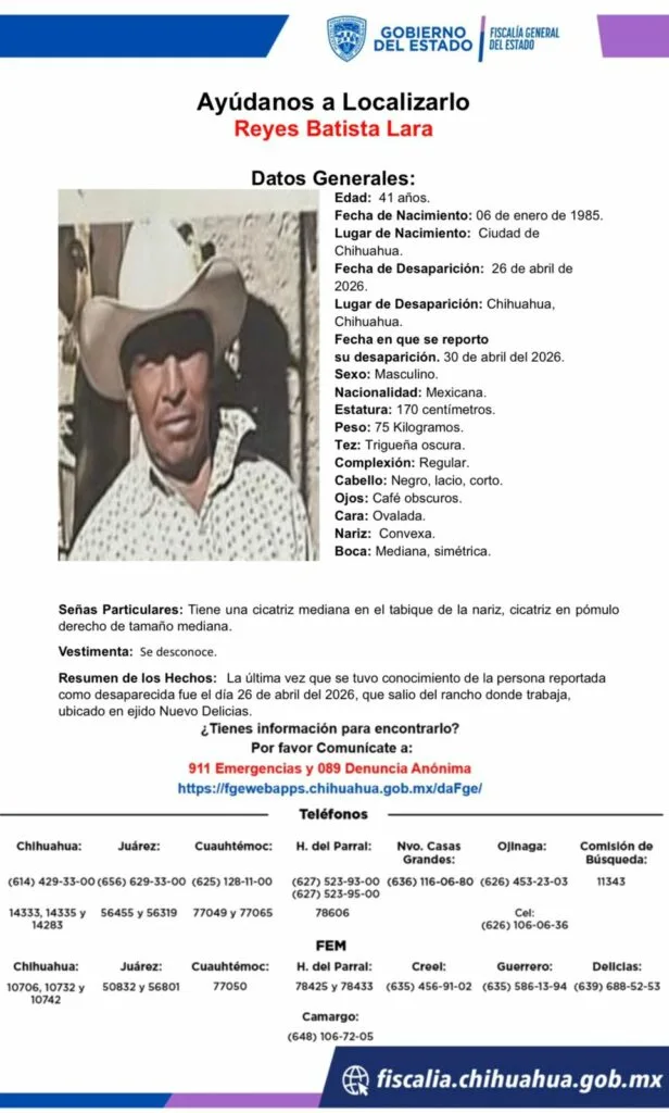 Buscan a Reyes Batista Lara, desaparecido en Chihuahua - imagen 1