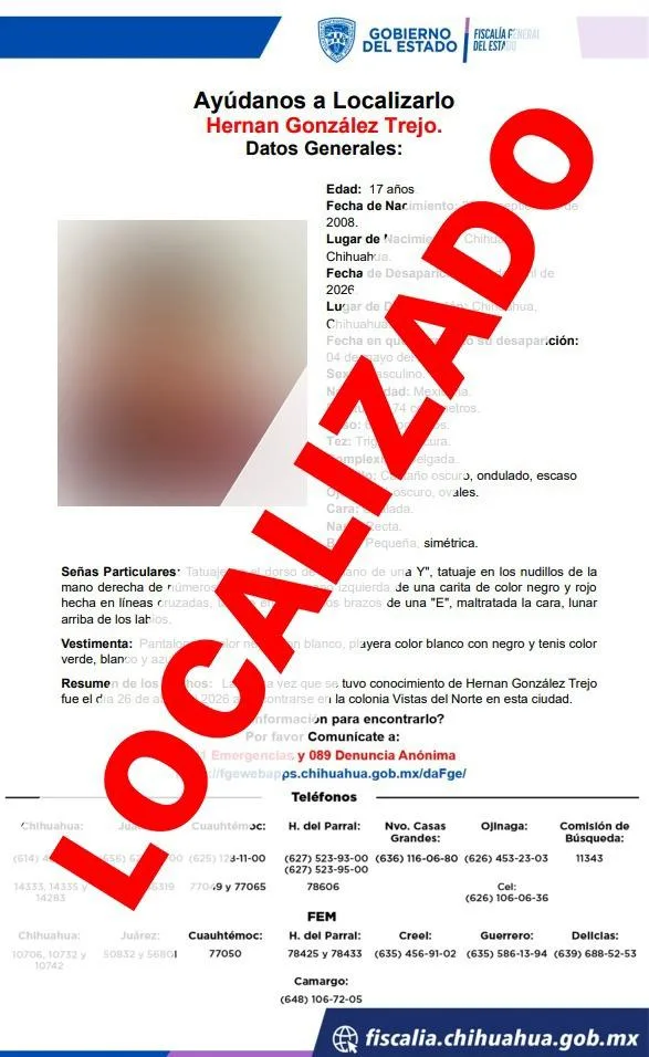 Fiscalía localiza a dos adolescentes y un adulto reportados como ausentes en Chihuahua - imagen 1