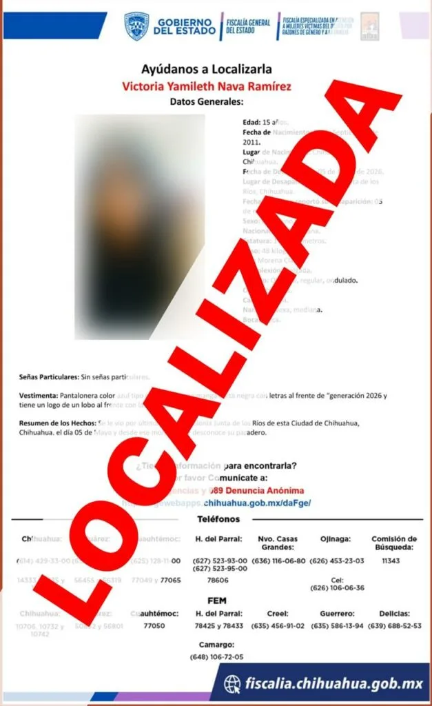 Localizan sana y salva a adolescente reportada como ausente en Chihuahua - imagen 1