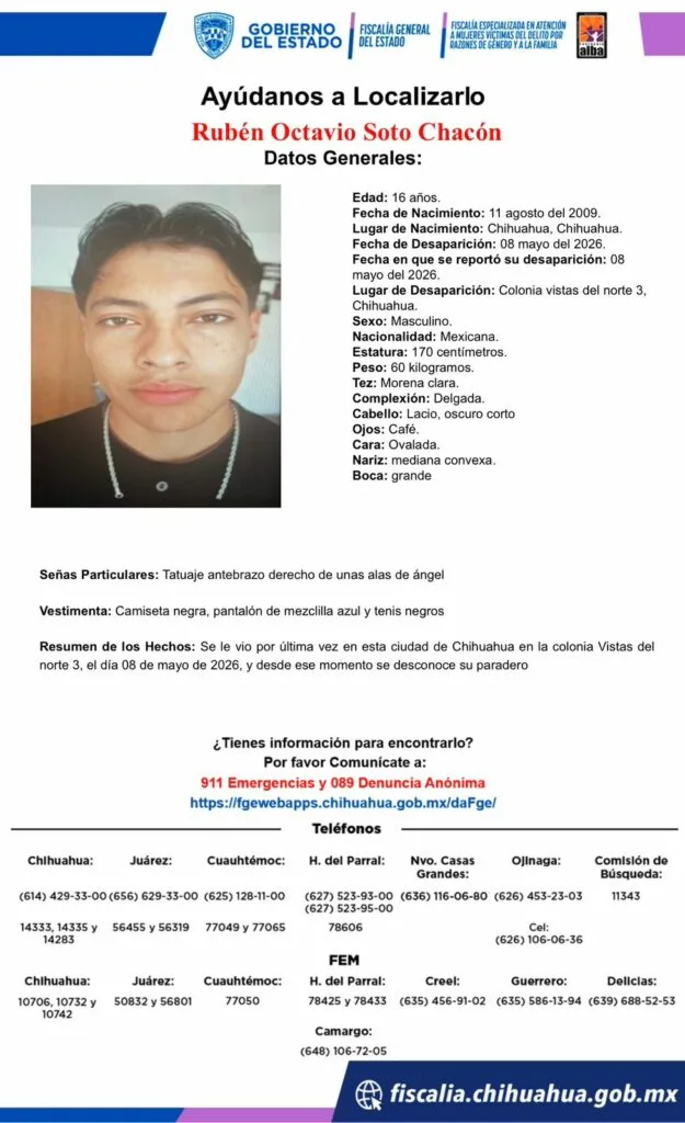 Buscan a Rubén Octavio, de 16 años, desaparecido en Chihuahua - imagen 1