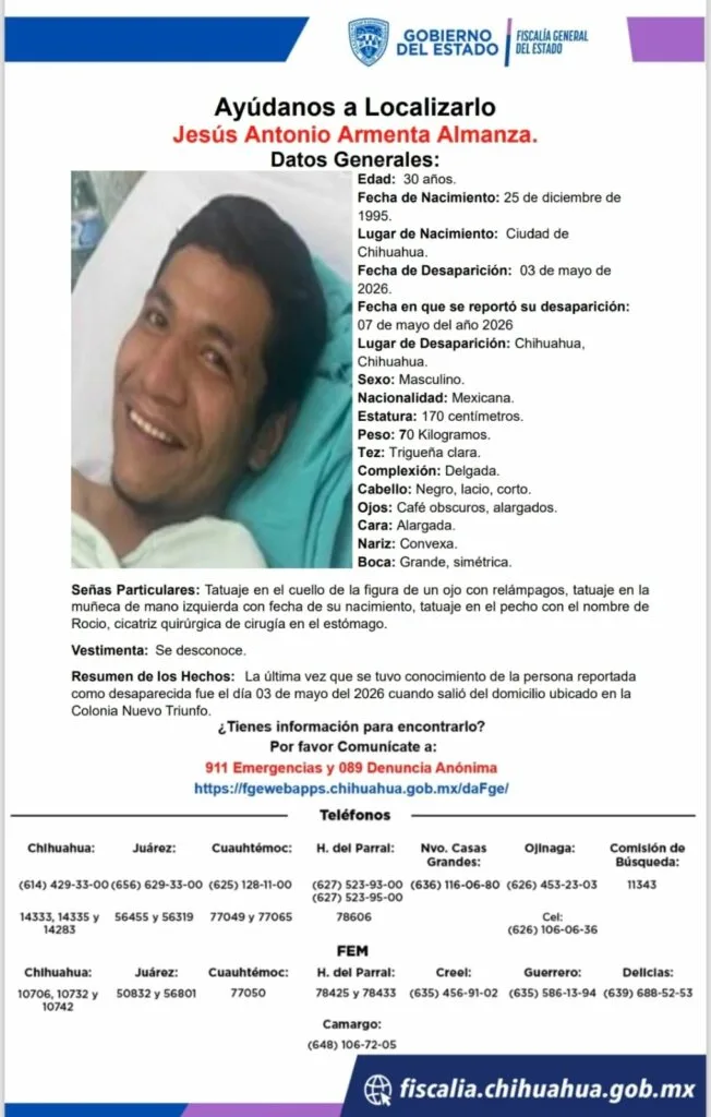 Buscan a Jesús Antonio Armenta, desaparecido en Chihuahua - imagen 1