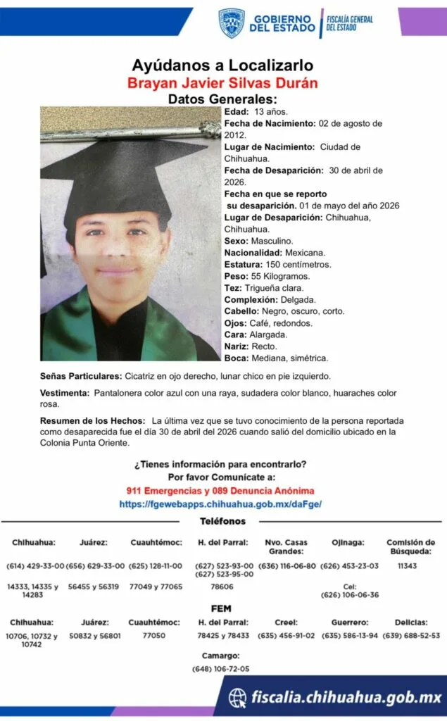 Buscan a Brayan Javier, de 13 años, desaparecido en Chihuahua - imagen 1