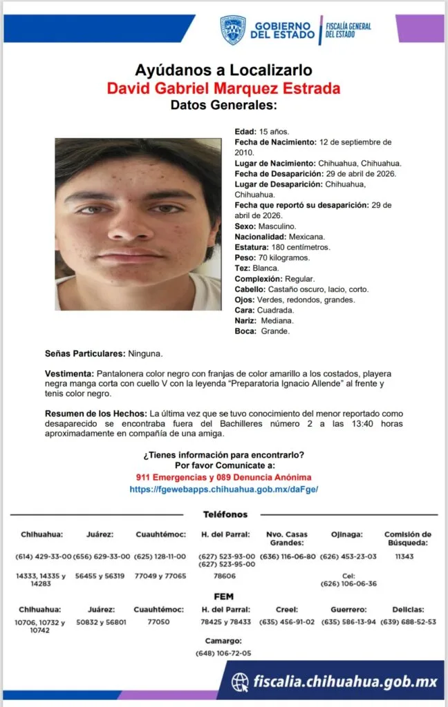 Buscan a menor de 15 años desaparecido en Chihuahua - imagen 1