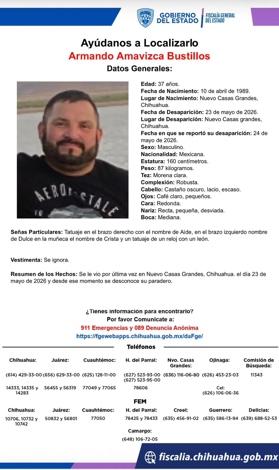 Buscan a Armando Amavizca Bustillos, desaparecido en Nuevo Casas Grandes desde el 23 de mayo