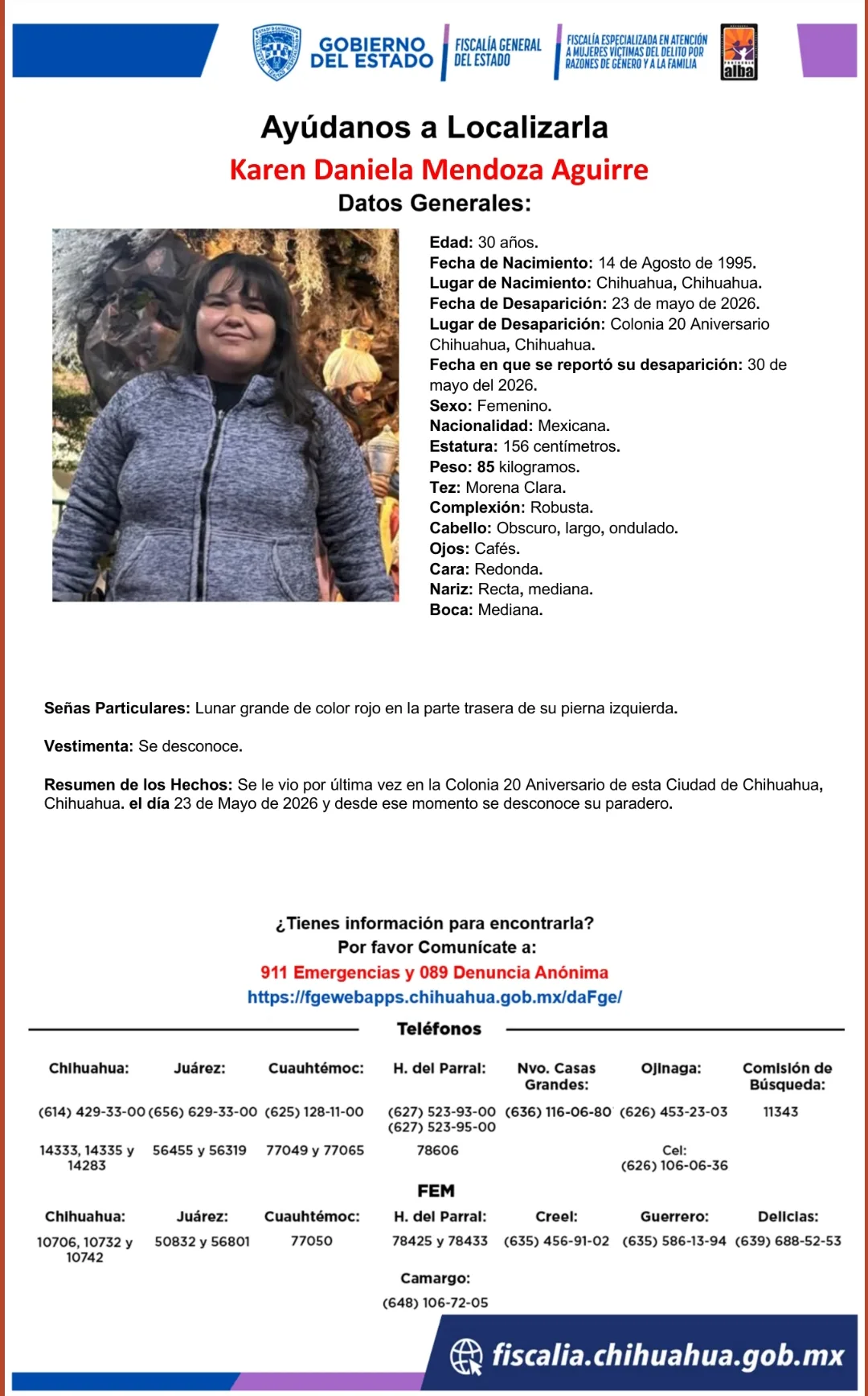 Buscan a Karen Daniela Mendoza Aguirre, desaparecida en Chihuahua capital
