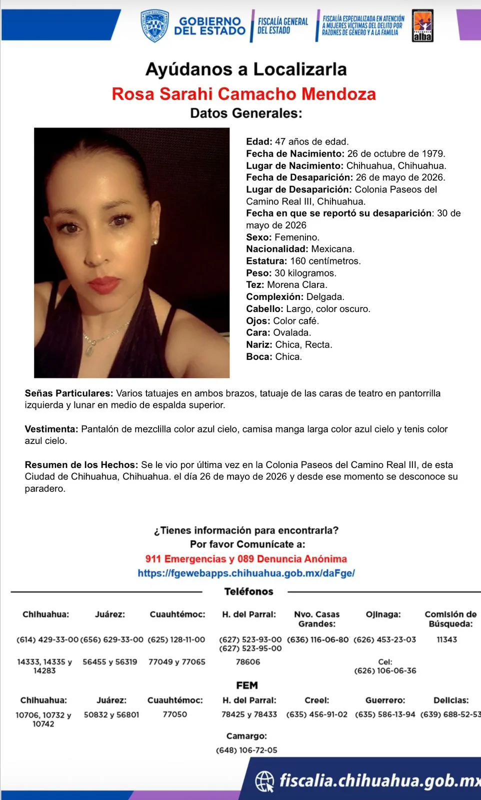 Buscan a Rosa Sarahí Camacho Mendoza, desaparecida en Chihuahua capital