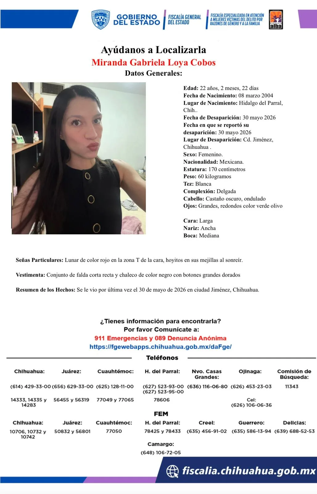 Buscan a Miranda Gabriela Loya Cobos, vista por última vez en Ciudad Jiménez, Chihuahua