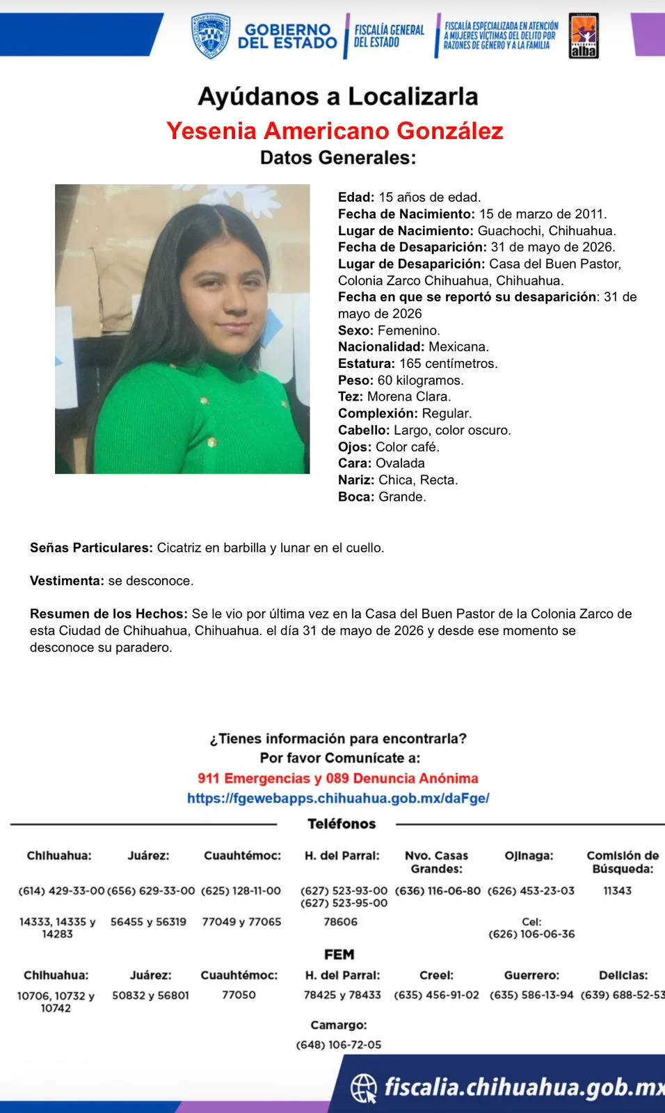 Buscan a Yesenia Americano González, adolescente desaparecida en Chihuahua