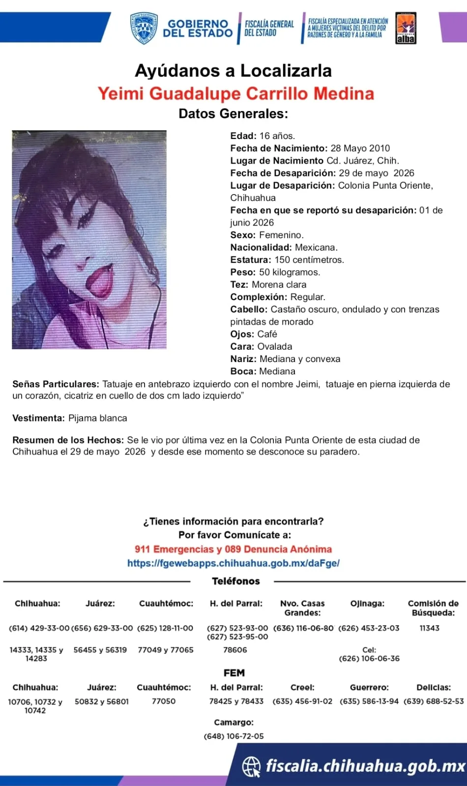 Buscan a Yeimi Guadalupe Carrillo Medina, adolescente desaparecida en Chihuahua