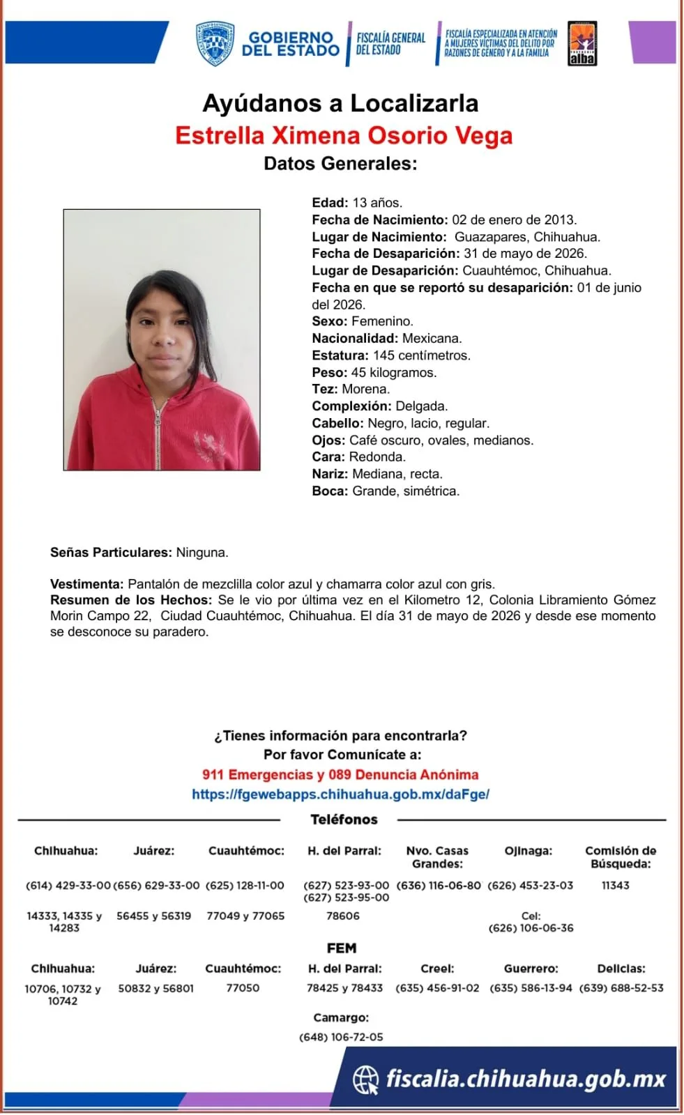 Buscan a Estrella Ximena Osorio Vega, adolescente desaparecida en Cuauhtémoc, Chihuahua