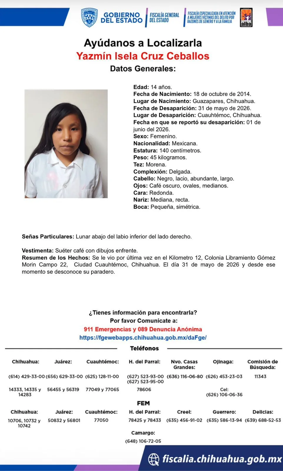 Buscan a Yazmín Isela Cruz Ceballos, adolescente desaparecida en Cuauhtémoc, Chihuahua