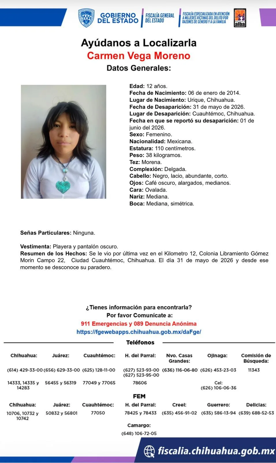 Buscan a Carmen Vega Moreno, adolescente de 12 años desaparecida en Cuauhtémoc, Chihuahua