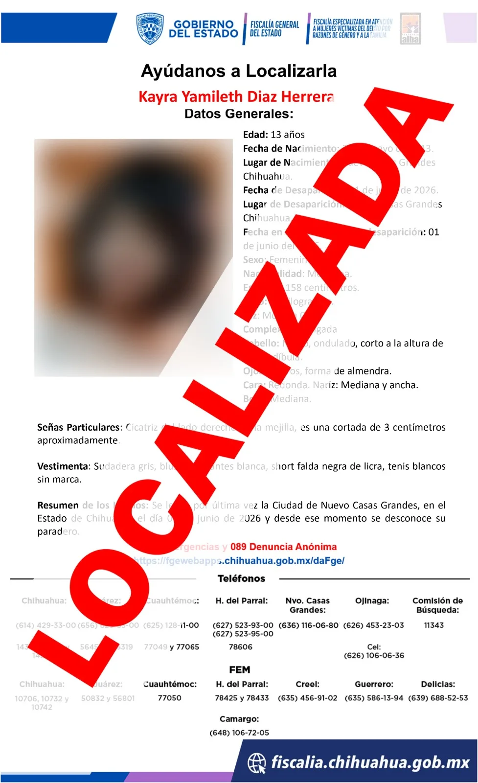 Localizan sana y salva a adolescente reportada como ausente en Nuevo Casas Grandes