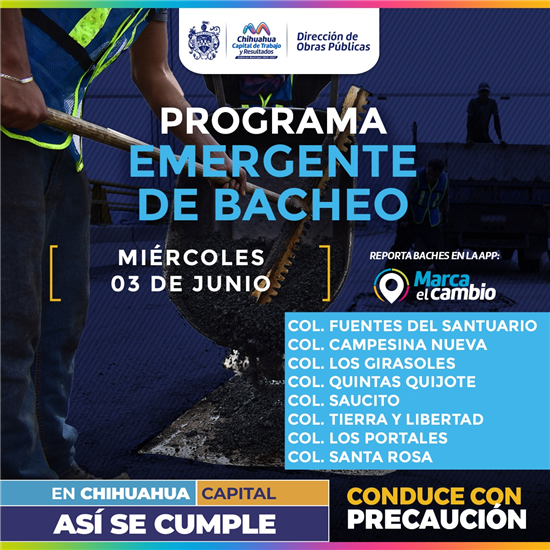 Municipio de Chihuahua realizará bacheo en ocho colonias este 3 de junio