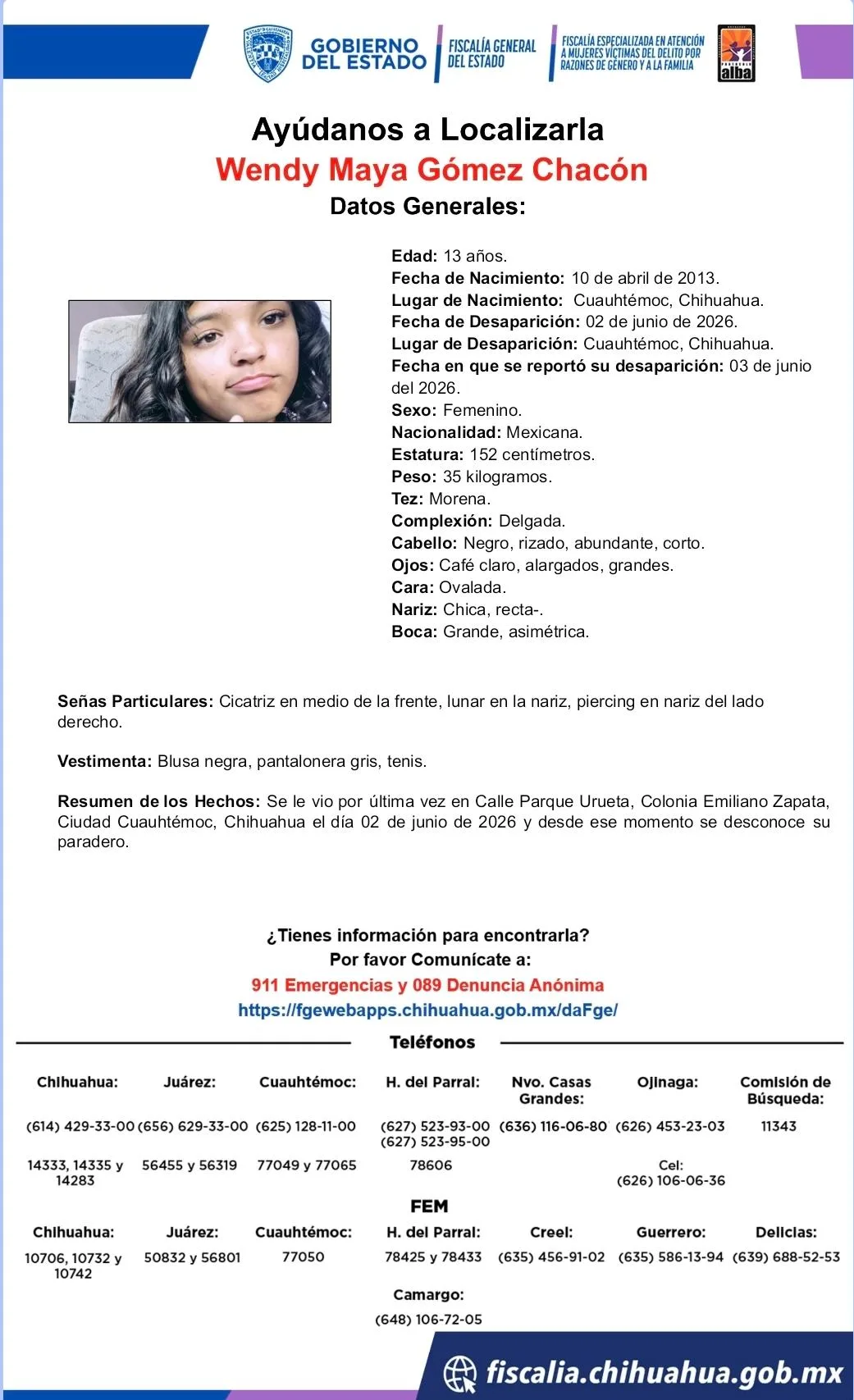 Buscan a Wendy Maya Gómez Chacón, adolescente desaparecida en Cuauhtémoc, Chihuahua