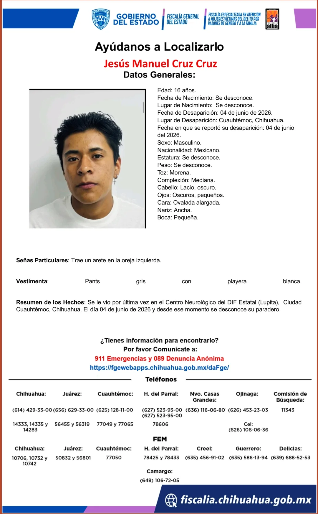 Buscan a Jesús Manuel Cruz Cruz, adolescente de 16 años desaparecido en Cuauhtémoc, Chihuahua