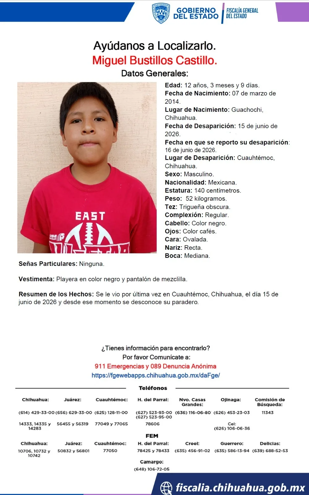 Buscan a Miguel Bustillos Castillo, adolescente desaparecido en Cuauhtémoc, Chihuahua
