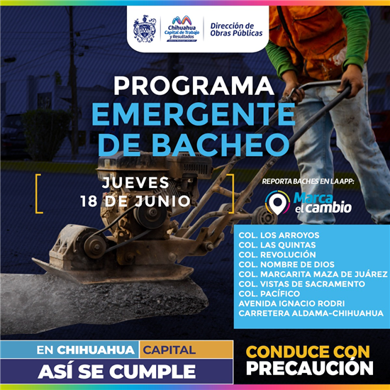 Municipio de Chihuahua realizará bacheo en nueve zonas este 18 de junio