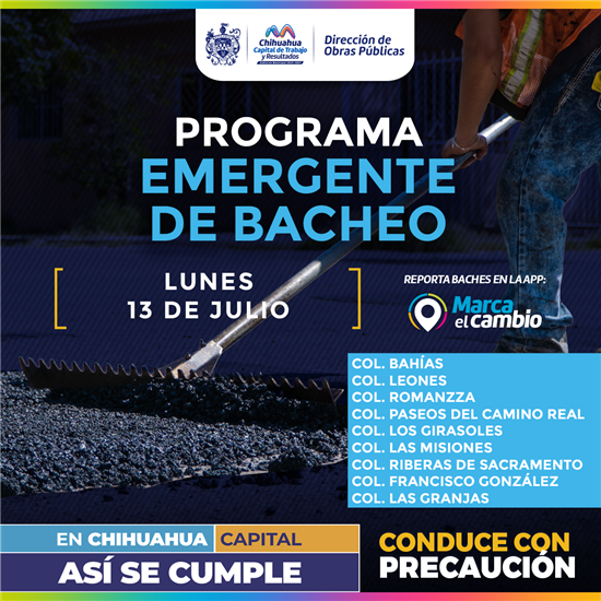 Municipio de Chihuahua realizará bacheo en nueve colonias este 13 de julio